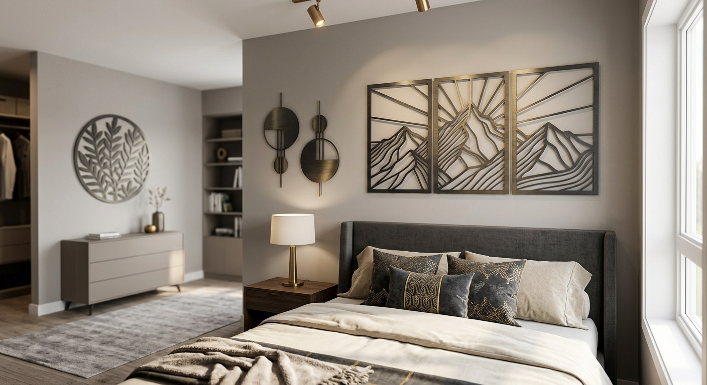 Metal wall art displayed in a bedroom