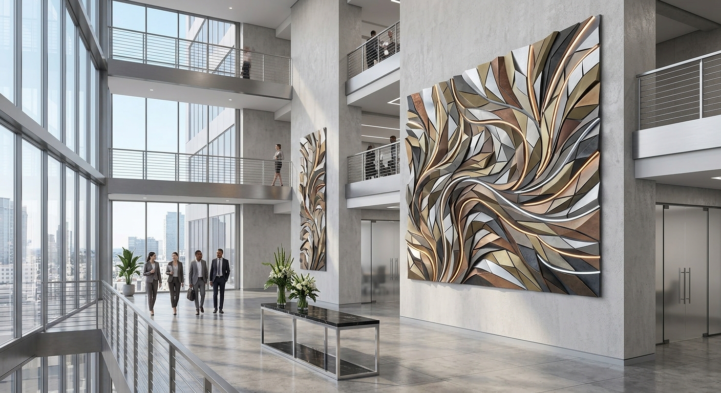 Large metal wall art in a commercial interior