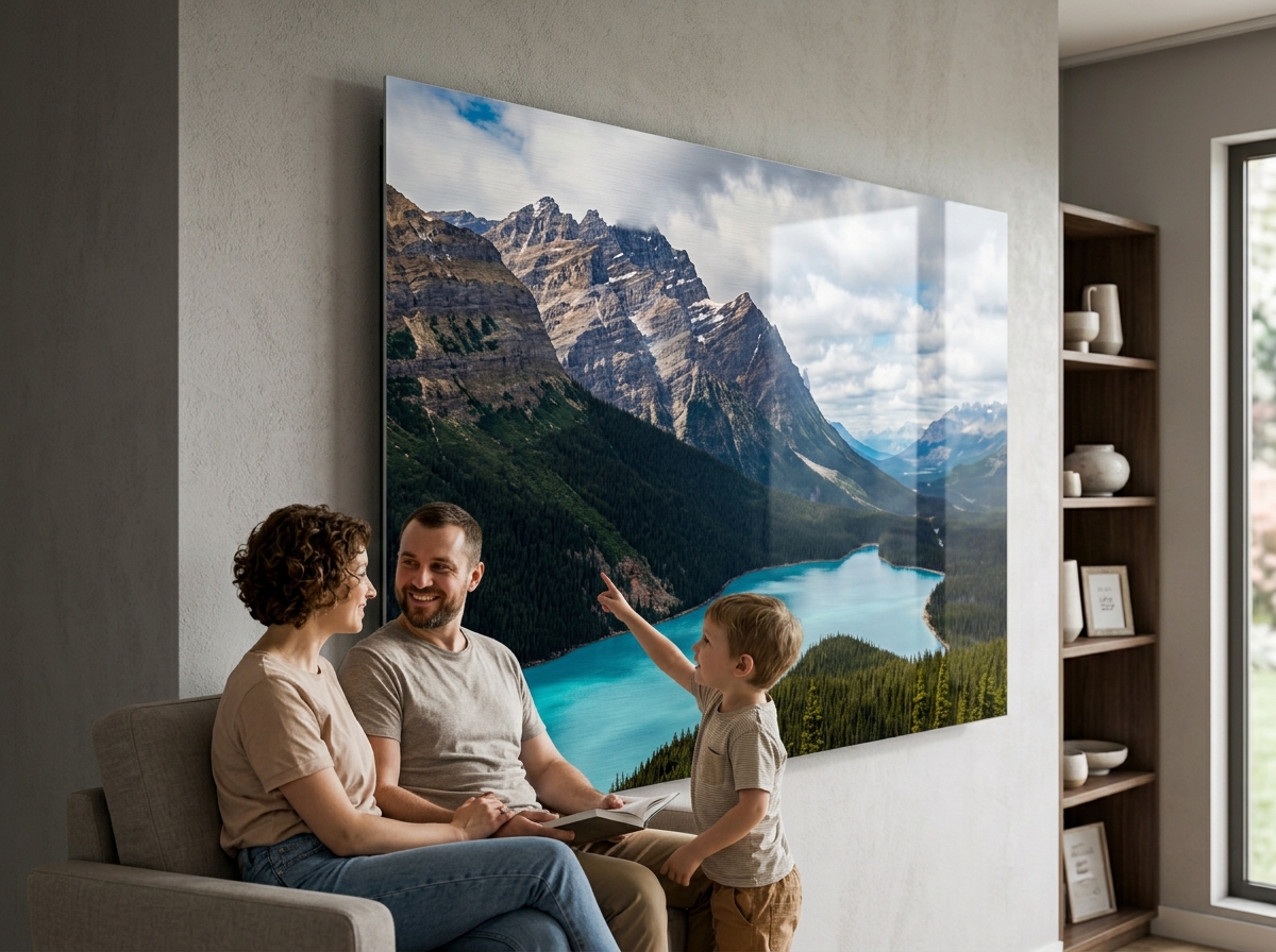 Custom metal photo print displayed as modern wall art