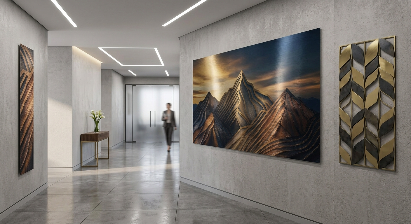 Metal wall art in a modern hallway