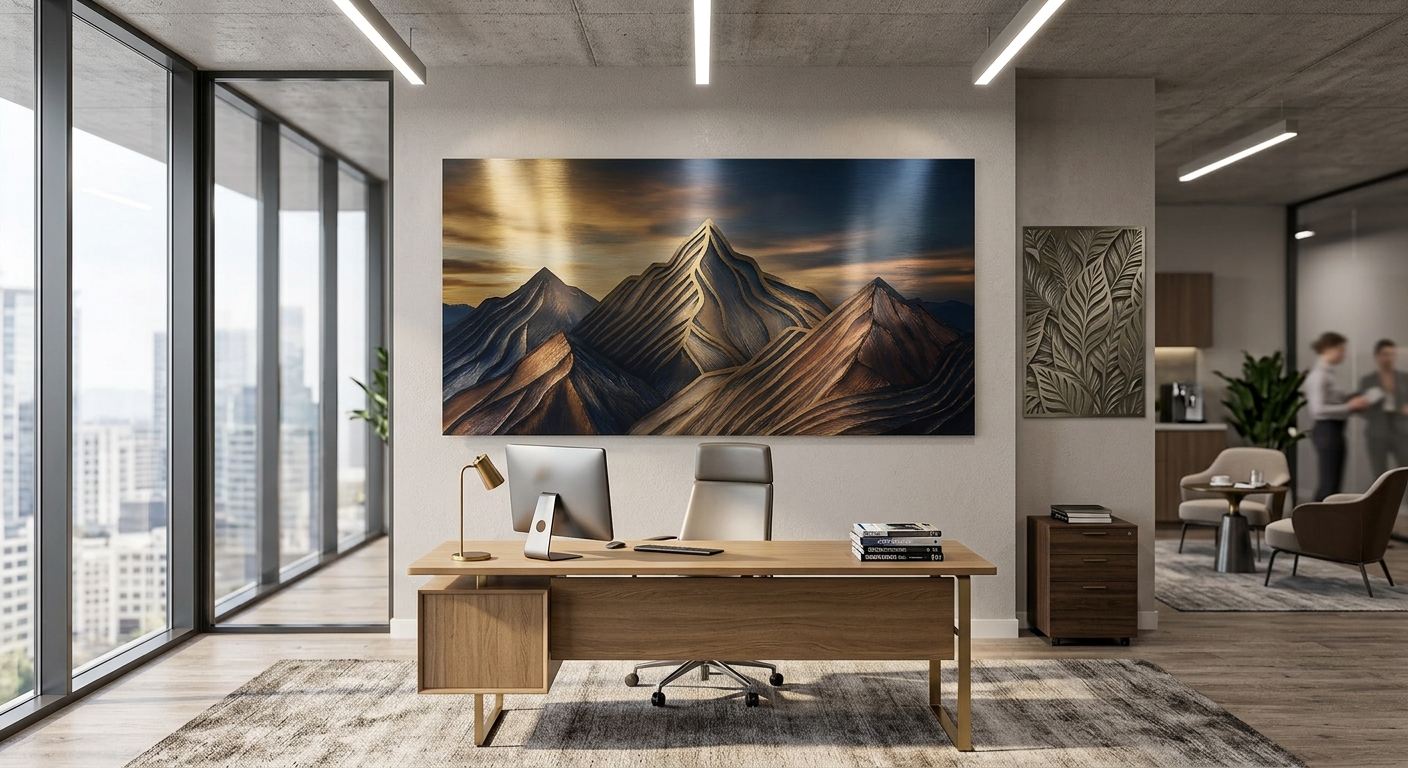 Modern metal wall art in an office