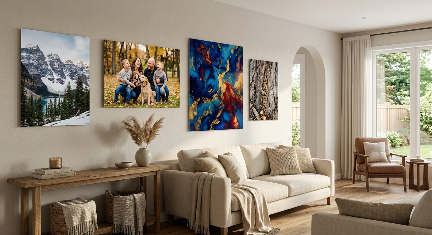 Photography displayed as metal wall art in a home
